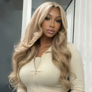 Ash Blonde Body Wave 13x6 Lace Front Human Hair Wig 200 Density Glonde Blonde Color Brazilian Hair Wig with Adjustable Belt Pre Plucked for Women