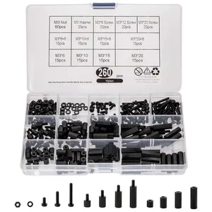 260 count M3 Male Female Nylon Hex Spacer Standoffs Screws Nuts, Nylon Hex Threaded Pillar Spacer Standoffs Screws Nuts Assortment Kit for PCB Motherboard Circuit Board - Black