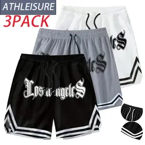 3-Pack Men’s Basketball Athletic Shorts Gothic Letter Print Side Stripes Knee-Length Shorts