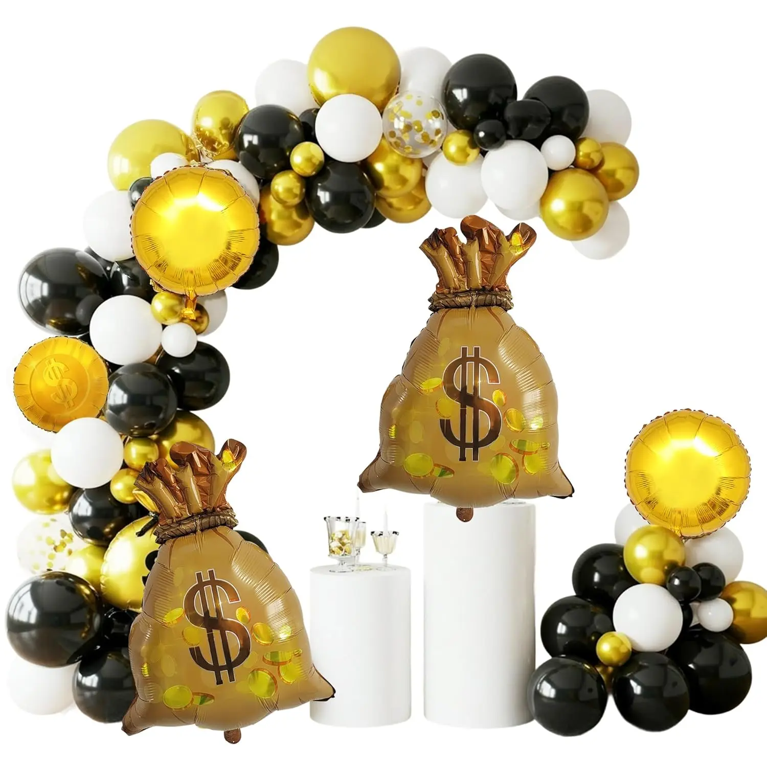 128Pcs Money Balloon Kit with Giant Money Bag, Gold Coins, Black & Gold Arch for Vegas Theme