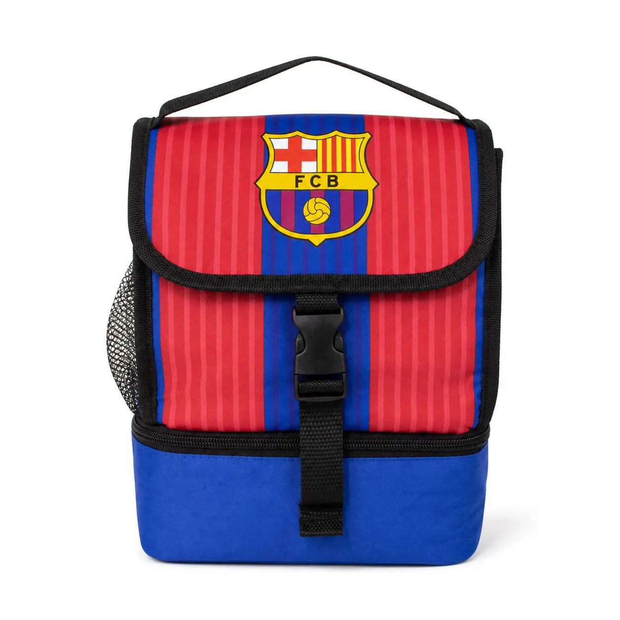 Maccabi Art Official FC Barcelona Insulated Lunch Bag, Soccer Lunch Tote with Buckle Closure, Mesh Side Pocket and Separate Bottom Zip Compartment for School, Work, Travel and Game Day, Lunch Packing Accessories, Portable Lunch Bag, Lunch Tote