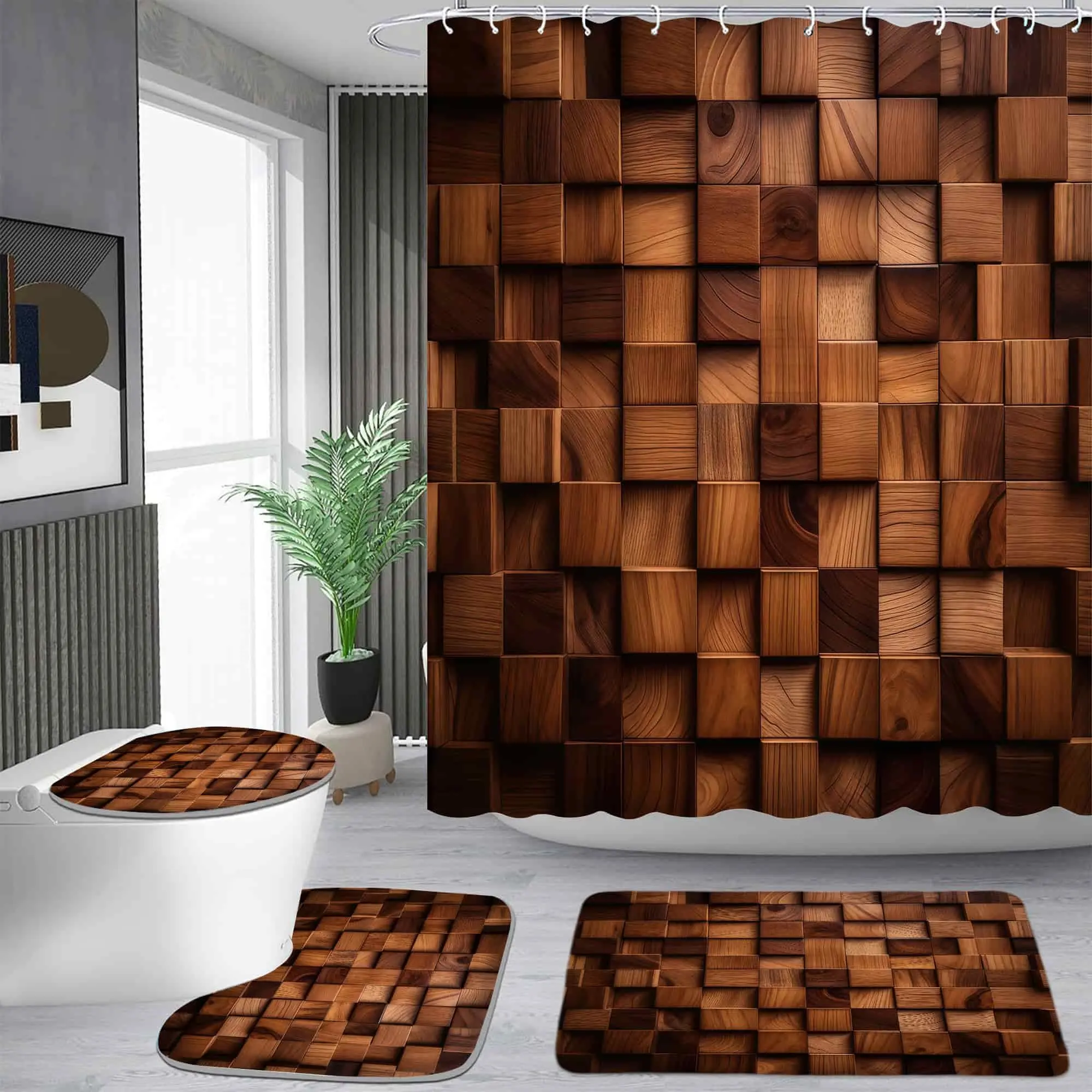 Retro 3D Wood Grain Waterproof Adjustable Length Shower Curtain Set with 12 Hooks, Non-Slip Bathroom Carpet, U-Shaped Toilet Cushion, Toilet Seat Cover - Hanging Bathroom Decoration, Ideal Moving Gift