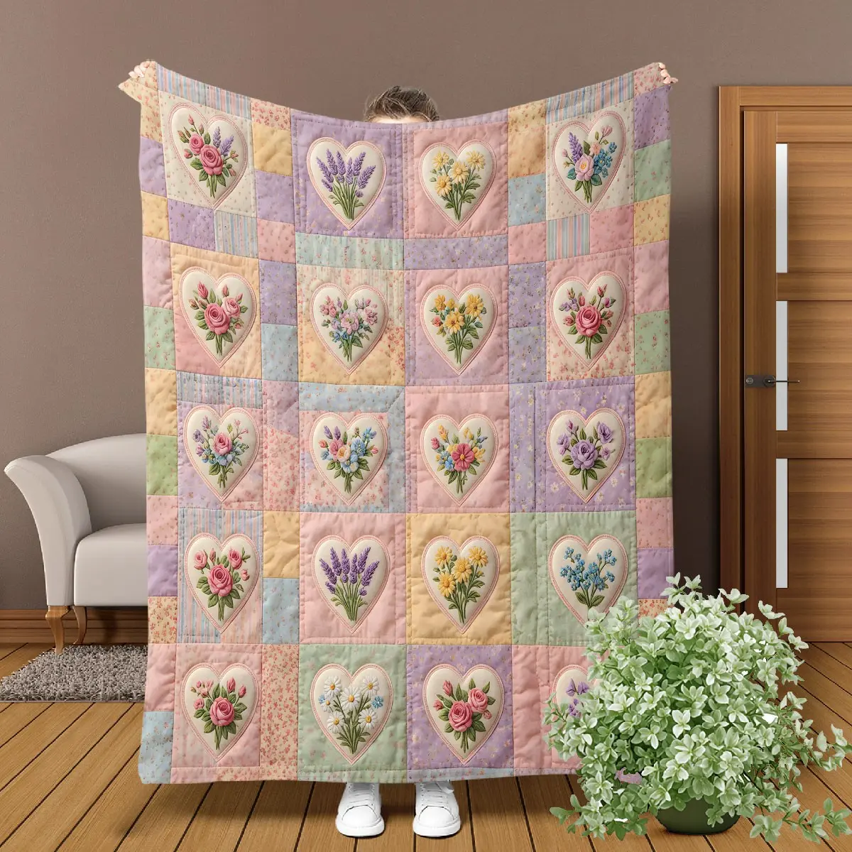 Floral Pattern Patchwork Quilted Cozy Throw Blanket, Soft Comfortable Warm Napping Blanket, Cool Bedroom Bedding Blankets for Home Office Travel Dormitory, Sofa Blanket