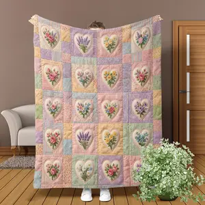 Floral Pattern Patchwork Quilted Throw Blanket, Soft Comfortable Warm Napping Blanket, Cool Bedroom Bedding Blankets for Home Office Travel Dormitory, Sofa Blanket