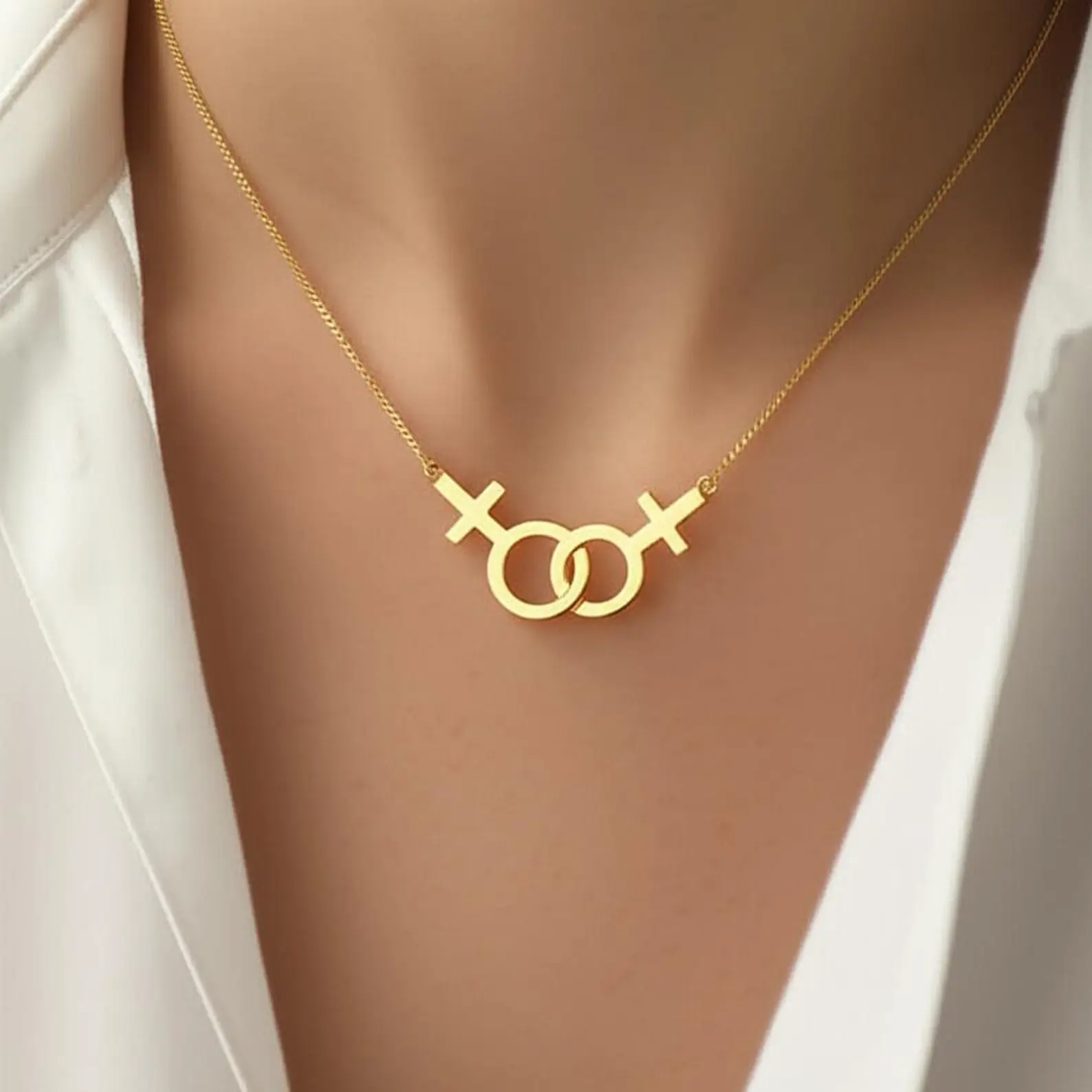 Lesbian Pride Necklace – Double Venus Symbol Pendant in Gold, Silver, or Rose Gold
