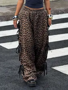 Women's Y2K Retro Leopard Print Sweatpants, Side Bow Decoration, Casual Comfortable Design, Perfect for Daily Wear, Loose-Fitting, All Seasons, Bohemian Boho Trousers