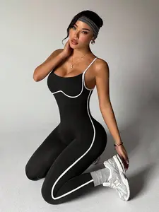 Women's Seamless Hollow Out Yoga Jumpsuit, Workout Jumpsuits, Color Block Design, High Waist Butt Lifting Long Pants, Fitness Gym Wear, All Seasons