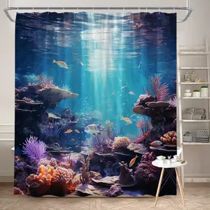 1Pc Ocean Coral Reef Shower Curtain Colorful Fish Underwater Scene Polyester Fabric Bath Hanging Curtain Bathroom Decor 70.8x70.8 Inch with Hooks
