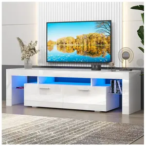 Modern LED TV Stand for 70 Inch TV, High Gloss Entertainment Center with RGB LED Lights and Storage Shelves, Black / White Media Console for Living Room