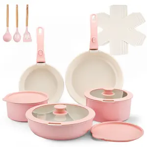 18-Piece Nonstick Cookware Set Stackable Design Non-Toxic Nonstick Coating Induction Compatible Frying Pan Wok Soup Pot for Home Kitchen Cooking