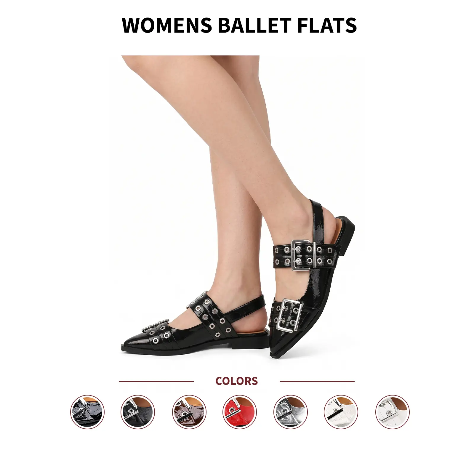 Women Ballet Flats Pointed Toe Slingback Strap Double Metallic Buckle Studded Gothic Punk Vintage Y2K Comfortable Elegant All Day Fashion Walking Party Work Casual Dress Street Style Everyday Ballerina Pumps