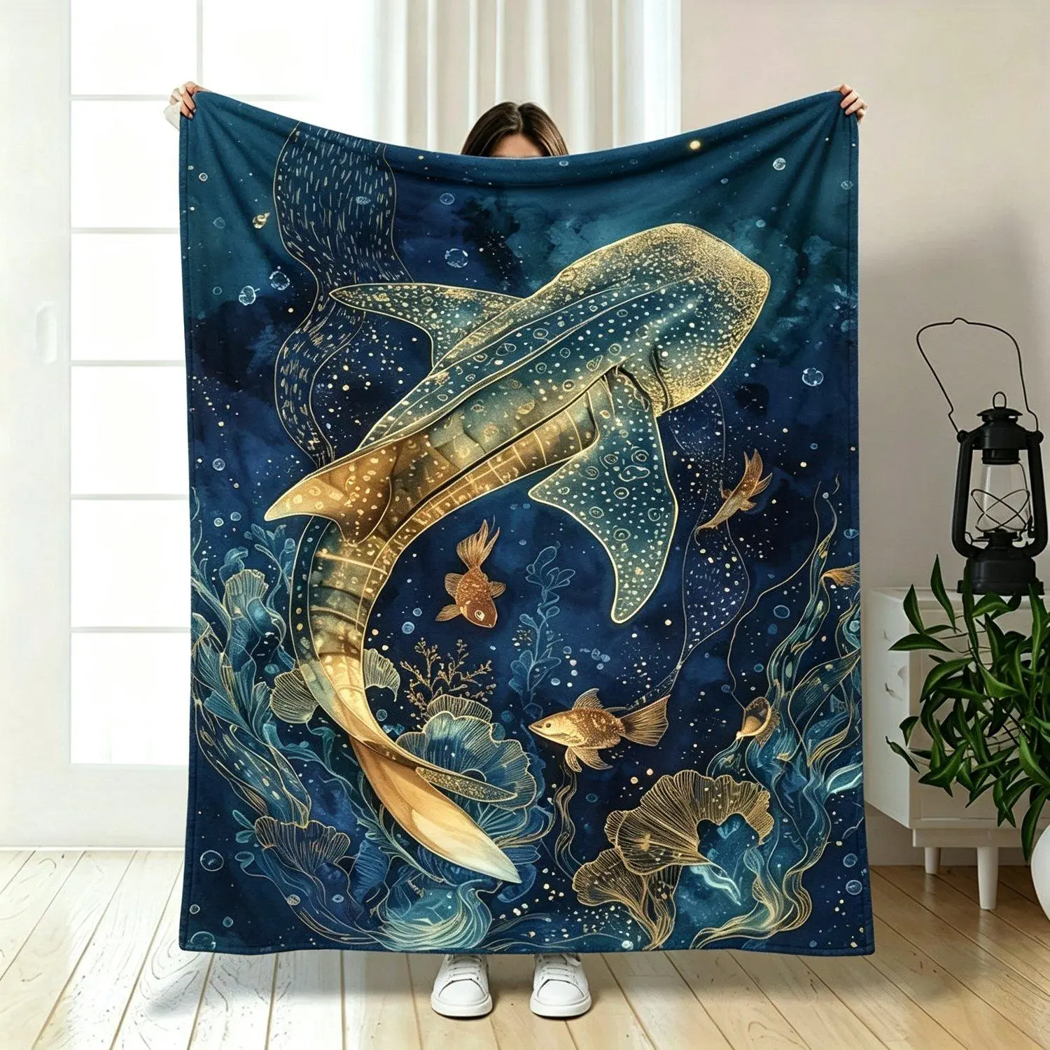Whale Shark Ocean Throw Blanket Dark Blue Underwater Sea Creature Flannel Blanket Magical Deep Sea Coral Fish Art Blanket Cozy Warm Blanket For Home Sofa Bedroom Ocean Lover Gift