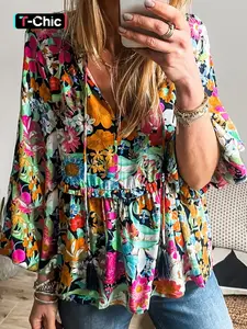 Elegant Spring & Fall Long Sleeve Floral Print Bubble Hem V-Neck Shirt, Loose-Fitting Multicolor Bohemian Blouse for Women Style