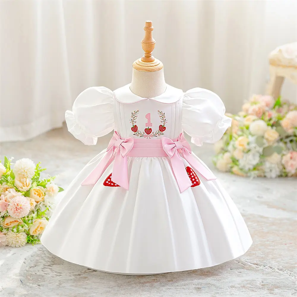 6M-3Y Bow Anniversary 3126 White Kids Clothes Flower Girls Frock Ball Gown Pageant Children Elegant Princess Prom Host Formal Evening Party Banquet Cocktail Dress