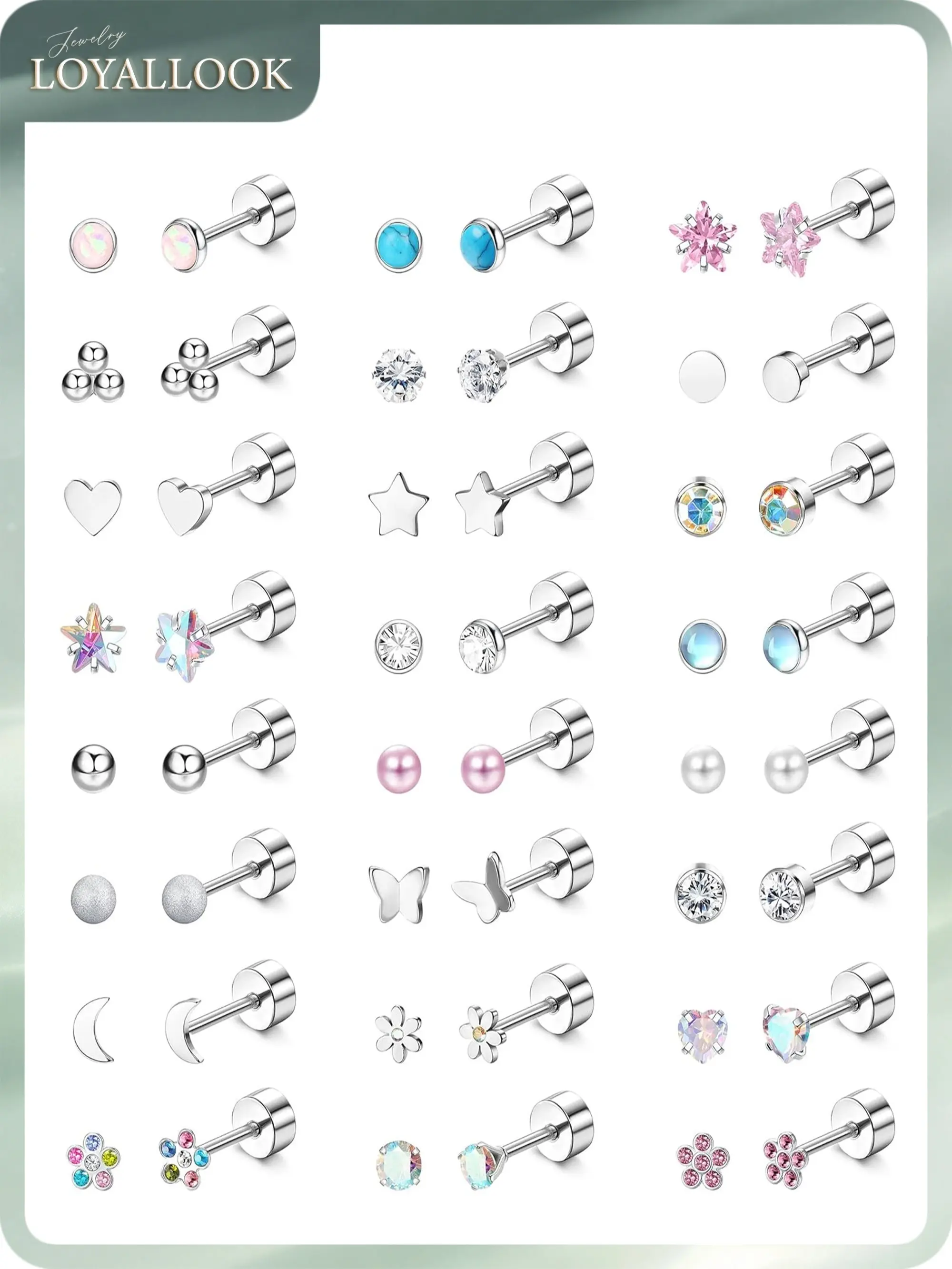 LOYALLOOK 24Pairs Screw Back Earrings Stud for Girls Women Surgical Steel Hypoallergenic Cartilage Stud Earrings Tiny CZ Screwback Flat Back Stud Earrings Set Piercing Jewelry Multicolored 20G