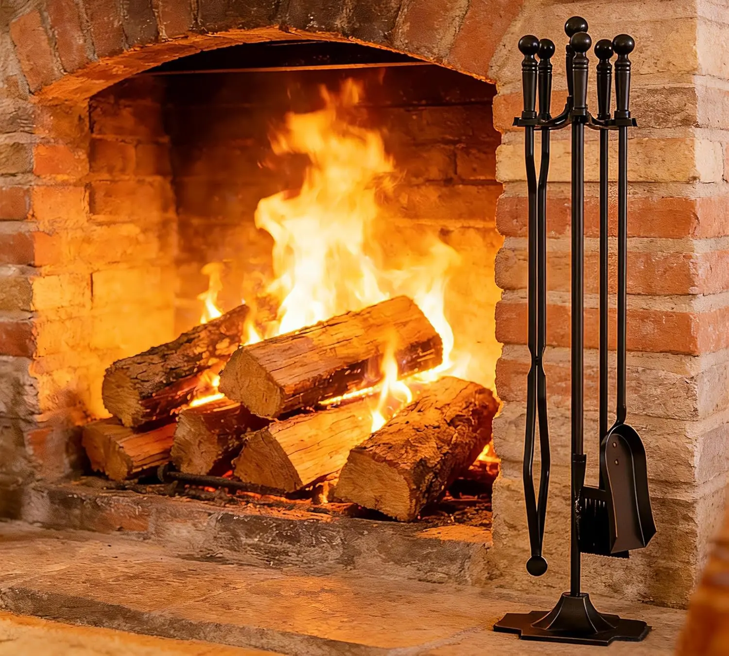 5PC Black Wrought Iron Fireplace Tools Set Hearth Wood Stove Log Tongs Poker Cast Iorn Heavy Duty Fireplace Accessories