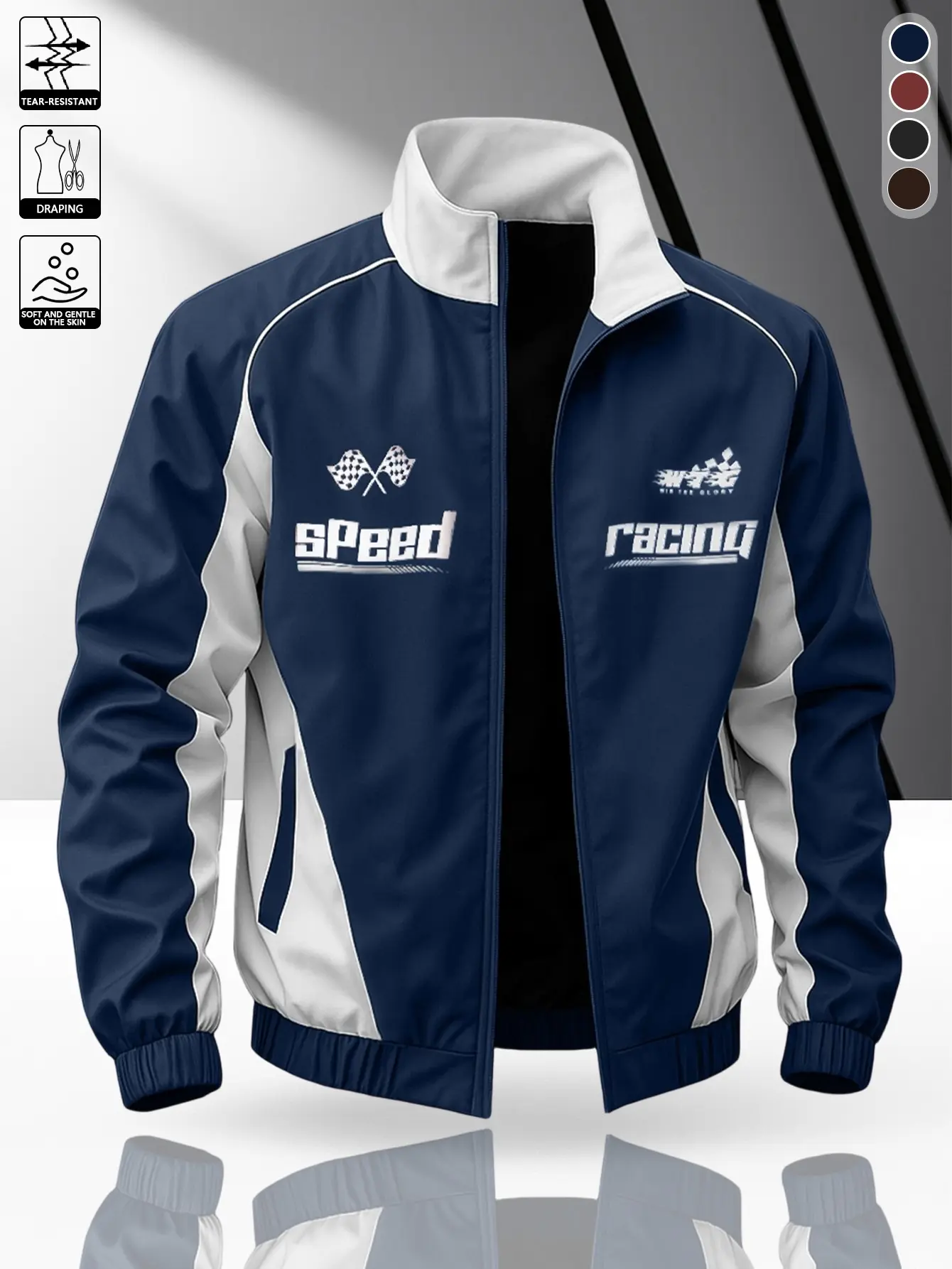 Men’s color-block stand collar windproof sports jacket with racing print; fabric is wear-resistant, skin-friendly, and drapes well. Windproof and water-repellent, lightweight and breathable. Full-zip jacket featuring “Speed Racing” letter print, side slan
