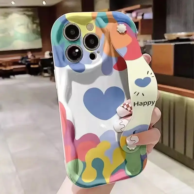 Silicone Protective Cover with Cream Happy Face Wrist Strap & Soft TPU Casing - Full Coverage Handheld Holder for iPhone 16,16E,15,14,13 Pro,12,11 Pro Max,X,Xs Max,XR,7,8 Plus Phone Accessories, For Iphone 13 Pro, With Holder, Iphone Series