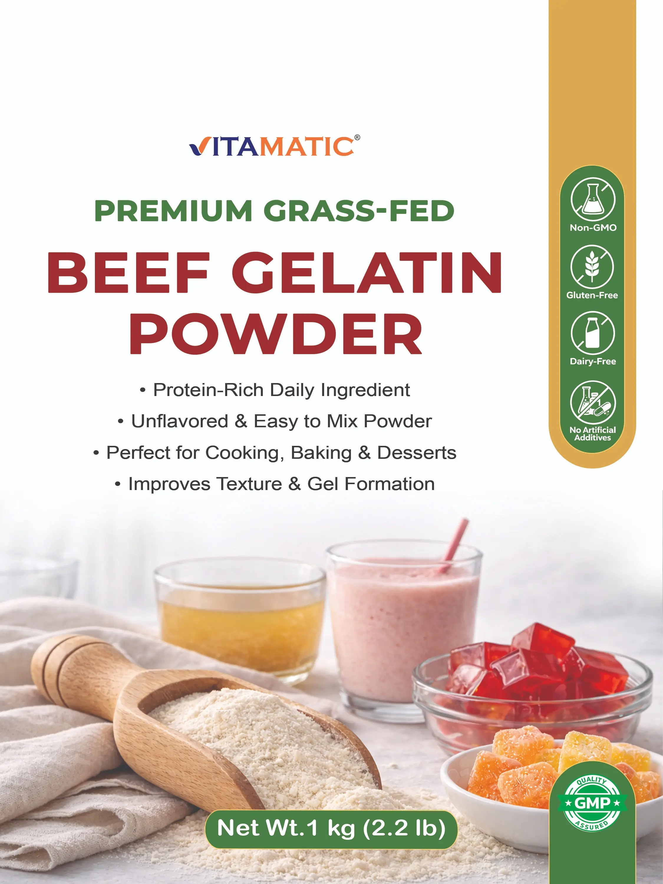Vitamatic Edible Grass-Fed Beef Gelatin Powder, 1 kg (2.2 lb) - Unflavored Protein Powder for Cooking, Baking, Non-GMO, Gluten-Free