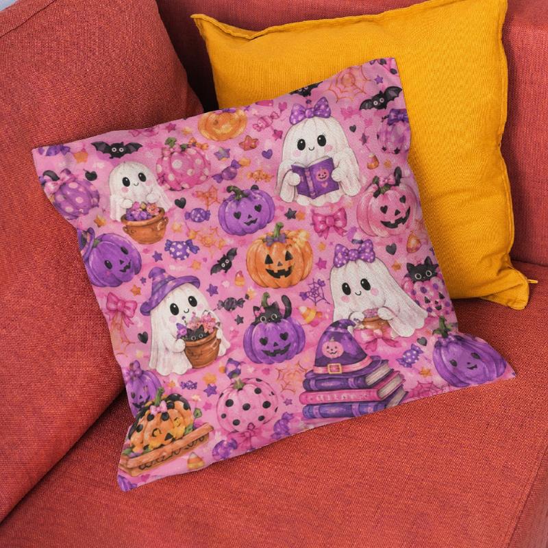 Pastel Pink Ghost Pumpkin Halloween Pillow Cover - Double-Sided Velvet Zipper Cushion Case, Cute Watercolor Home Decor Item for Halloween Fun, Indoor Use Synthetic Cushion Cover