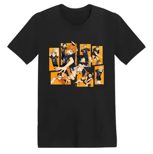 Karasuno Team Action T-Shirt – Haikyuu!! Anime Tee | Dynamic Orange Comic Panel Design Featuring Hinata, Kageyama & Teammates | Black Shirt for Volleyball Fans | Unisex Sizes S–5XL
