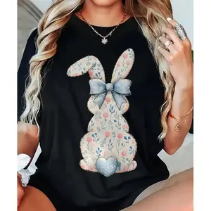 Women's 100% Cotton Short-Sleeve T-Shirt - Round Neck, Floral Bunny Silhouette Print, Blue Bow Accent, Classic Unisex Fit, Love-Inspired Soft Fabric Top for Summer Casual Wear, Shortsleeve.