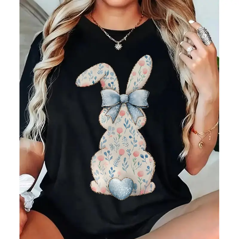Women's Floral Bunny T-Shirt with Blue Bow, Classic Fit Unisex Top in Soft 100% Cotton with a Colorfast, Flat Digital Print, Shortsleeve, Casual, Fabric, T Shirts, Colorfast Print, Do Not Peel Or Fade, Round Neck, Clothes