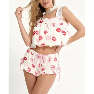 Womens Floral Print Ruffle Straps Pajama Set Babydol Top Frilly Shorts Outfit Loose Valentine's Day Sleepwear