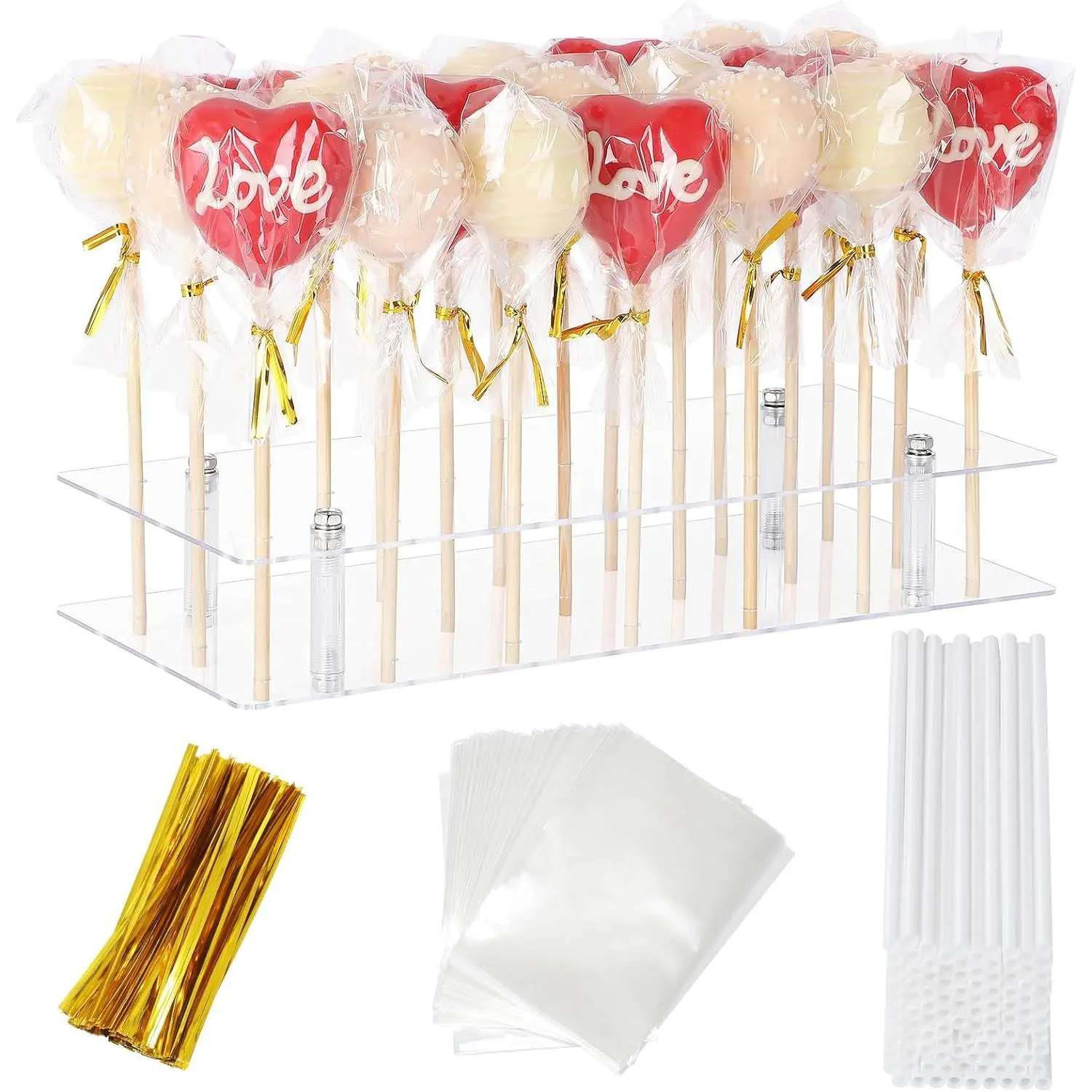 Cake Pop Stand with Sticks Kit, 21 Holes Lollipop Display Stand,  Cake Pop Display Holder, Lollipop Holder with 100 count Sticks, 100 count Clear Wrappers, 100 count  Twist Ties