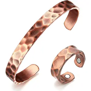 Copper Bracelets for Women Men Set,  Solid Real Pure  Hammered Copper & Rings  Bracelet