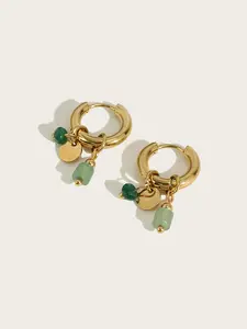1 Pair 18K Gold Plated Green Stone Hoop Earrings, Waterproof Sweatproof Stainless Steel Drop Dangle Earrings, Hypoallergenic Daily Jewelry for Women