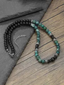 1PC Man's Retro Ethnic Style Natural Flash Stone Necklace for Men Black Beaded Surfer Necklace Man Jewelry Collar Hombre Handmade Beaded Necklace