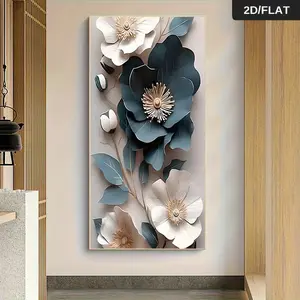 Modern Minimalist Relief Flower Canvas Wall Art Nordic Style Blue White Floral Painting for Living Room Bedroom Decorative Unframed Mural 2D Flat Wall Art