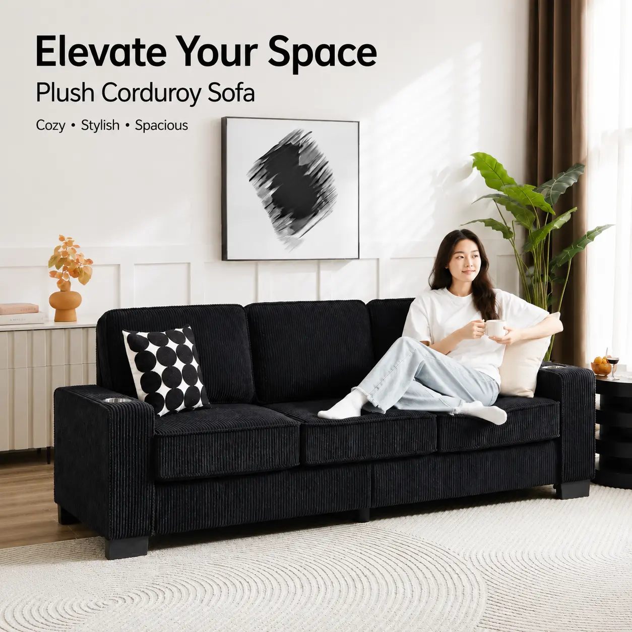 3-Seater Modern Compressed Black Corduroy Sofa (83.86 in), Indoor Living Room Furniture for Home Office Use