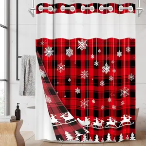 1pc hookless shower curtain with buckle lining, Christmas red and black plaid snowflake and reindeer design 2D flat print, fabric waterproof lining, see-through double-layer shower curtain, 71 x 74 inches, modern home draping curtain, Bathroom Curtain