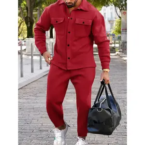 Men’s autumn–winter fashion jacket set, slim casual style, thick velour leather fabric, single-button design, long sleeves and long pants two-piece set GARMENTARY