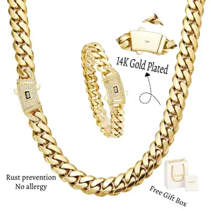 [Set] 14K Real Gold-Plated Cuban Necklace & Bracelet with Miami Link Chain Stainless Steel Thick Anti-Friction Chain and Diamond Clasp for Men and Women 6/8/10/12/14MM Colorfast Waterproof Thickened Hip Hop Jewelry Black Friday