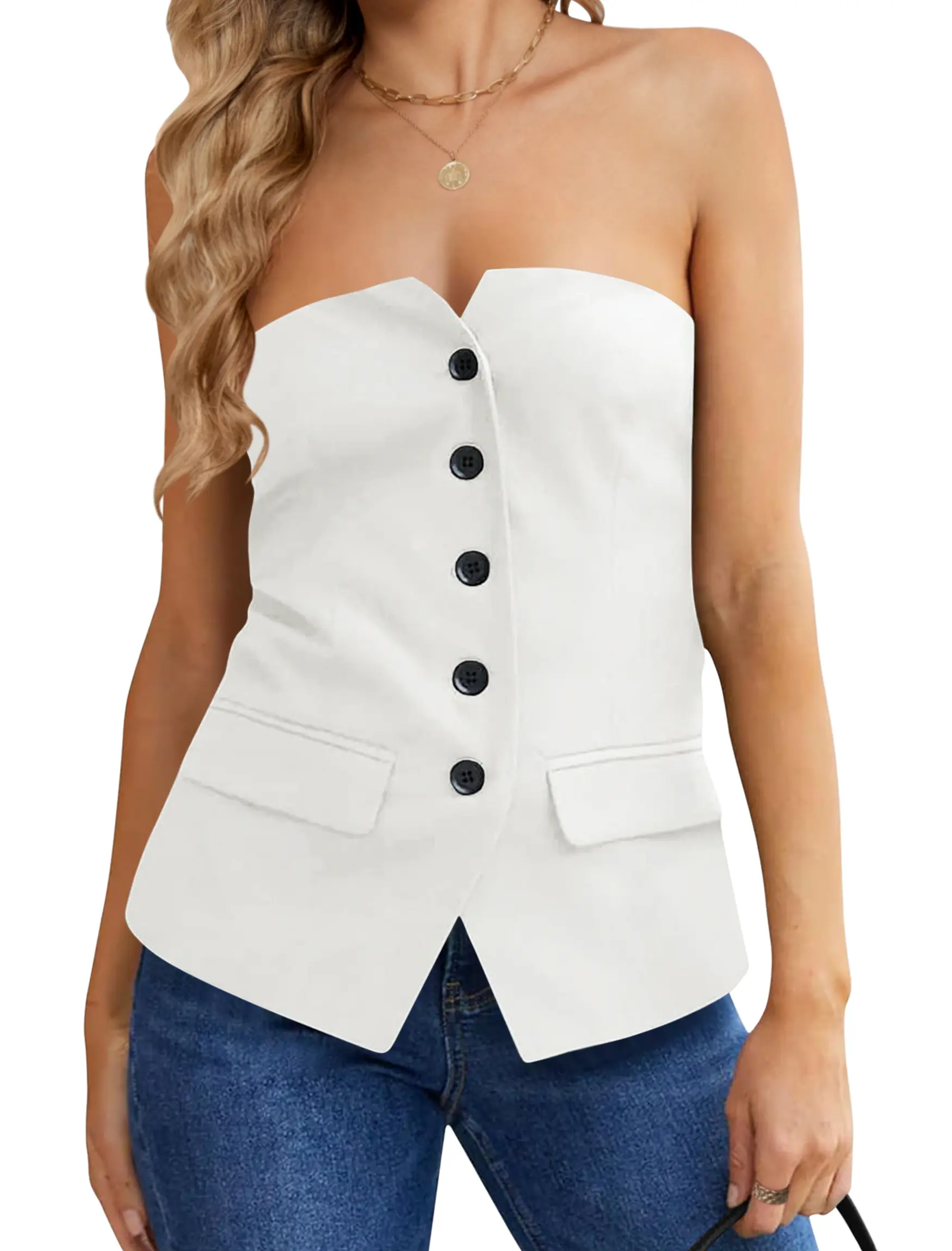 IWD WM1041 Women's Strapless Blazer Vest - Notched Neck Tube Top with Button Detail, Fitted Sleeveless Business Vest for Summer