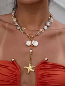 Irregular Shell & Starfish Design Pendant Necklace for Women, Layered necklaces, Stainless Steel Jewelry for Party, Daily Clothing Decor, Trendy All-match & Exquisite Jewelry for Birthday Gift