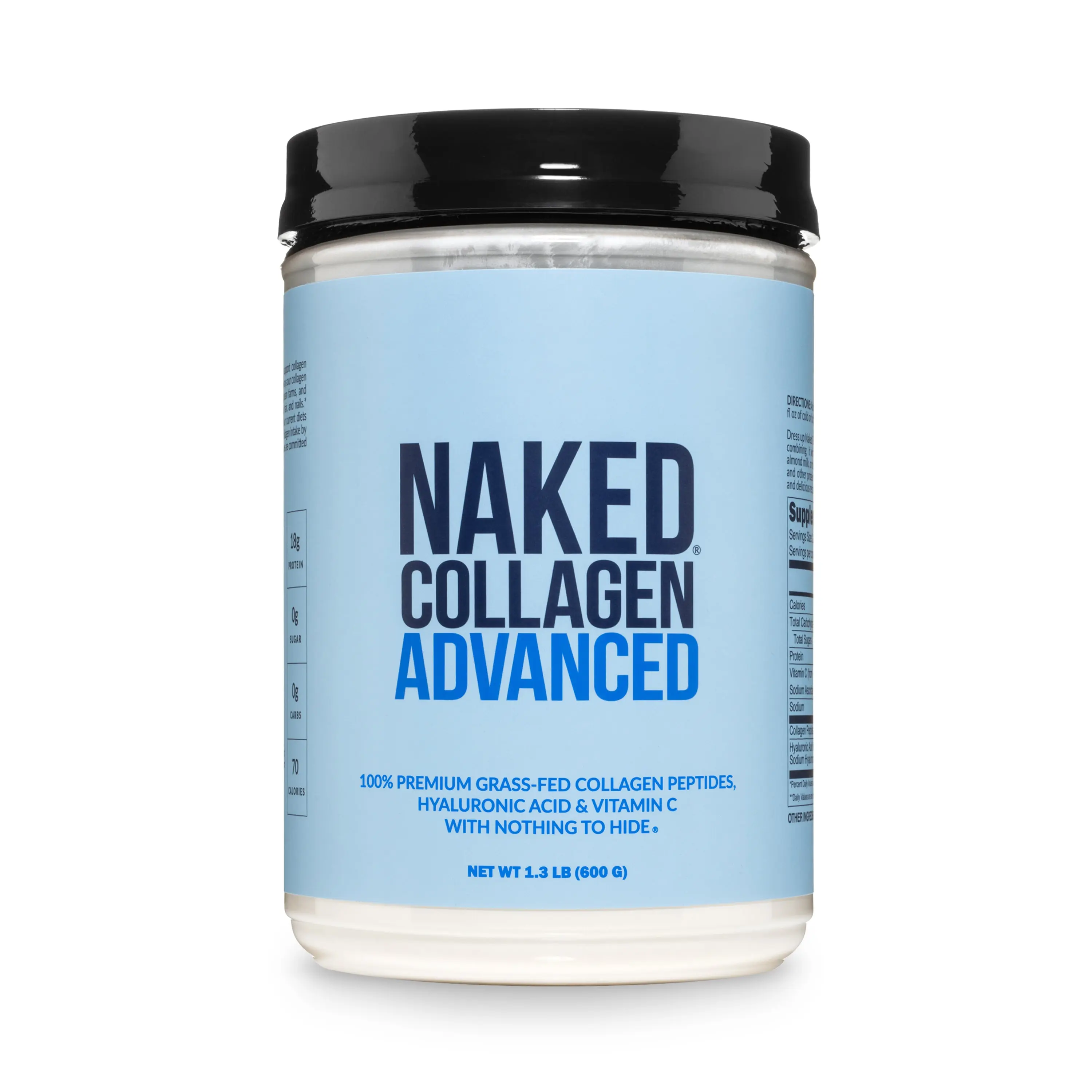 Naked Collagen Advanced - 100% Premium Grass-Fed Collagen Peptides with Hyaluronic Acid & Vitamin C for Enhanced Absorption and Joint Support - 18g of Protein per Serving - Only 3 Ingredients - 1.3 LB