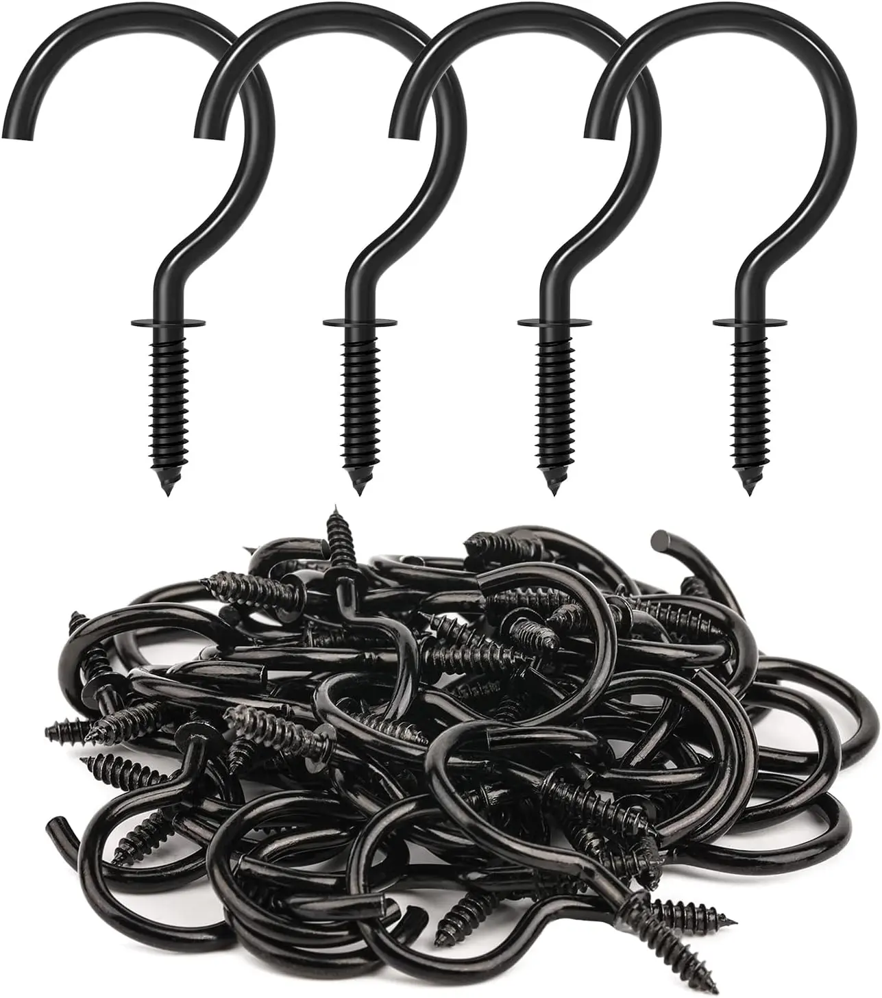 50-Pack Black Metal Screw Hooks, 1.25-Inch Cup Hooks with 1.81 in Size for Hanging Plants, Lights and Home Organization