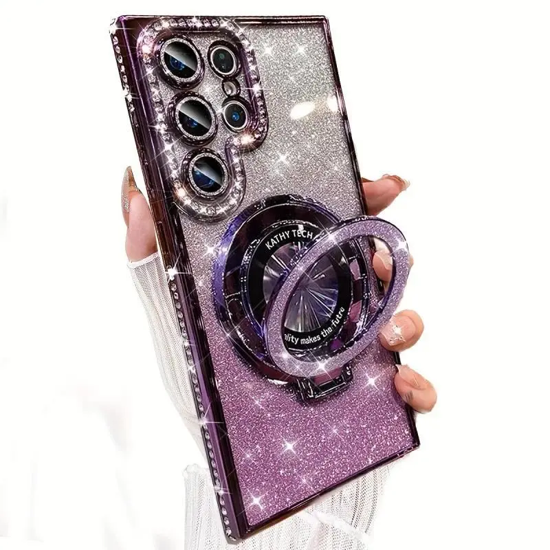 HAY Luxury Side Diamond Glitter Magnetic Stand Phone Case for SamsungGalaxy S26 S25 S24 S23 FE S22 Ultra Plus Series Edge Rhinestone