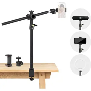 Overhead Camera Mount Desk Stand, Camera Arm Desk Mount Clamp Stand with 360?Adjustable Magic Arm, Webcam Arm Mount Stand w Ballhead Phone Mount for Desk  Microphone Video Light Cell Phone