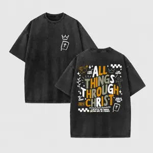 Doodle Collage Crown Bible Motif Vintage Washed All Things Through Christ Philippians 4 Empowering Christian Tee Oversized Washed Tiny Crown & Cross Sketch Mini Print Front Mixed Element Graffiti Letter  trendy streetwear shirt