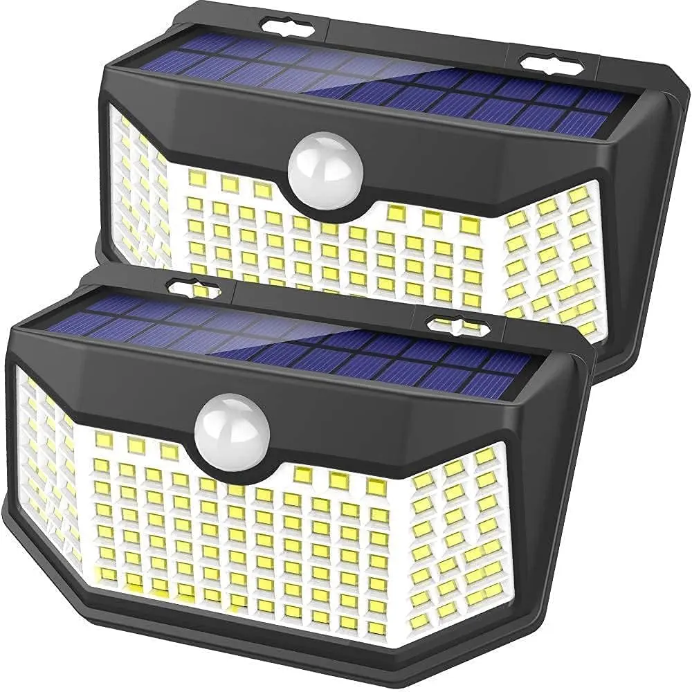 120 LED Solar Outdoor Lights with Reflector and 3 Lighting Modes, Motion Sensor Wall Light, IP65 Waterproof Solar Powered, Suitable for Garden Patio Courtyard (2-Pack with Back Button, Daylight White)