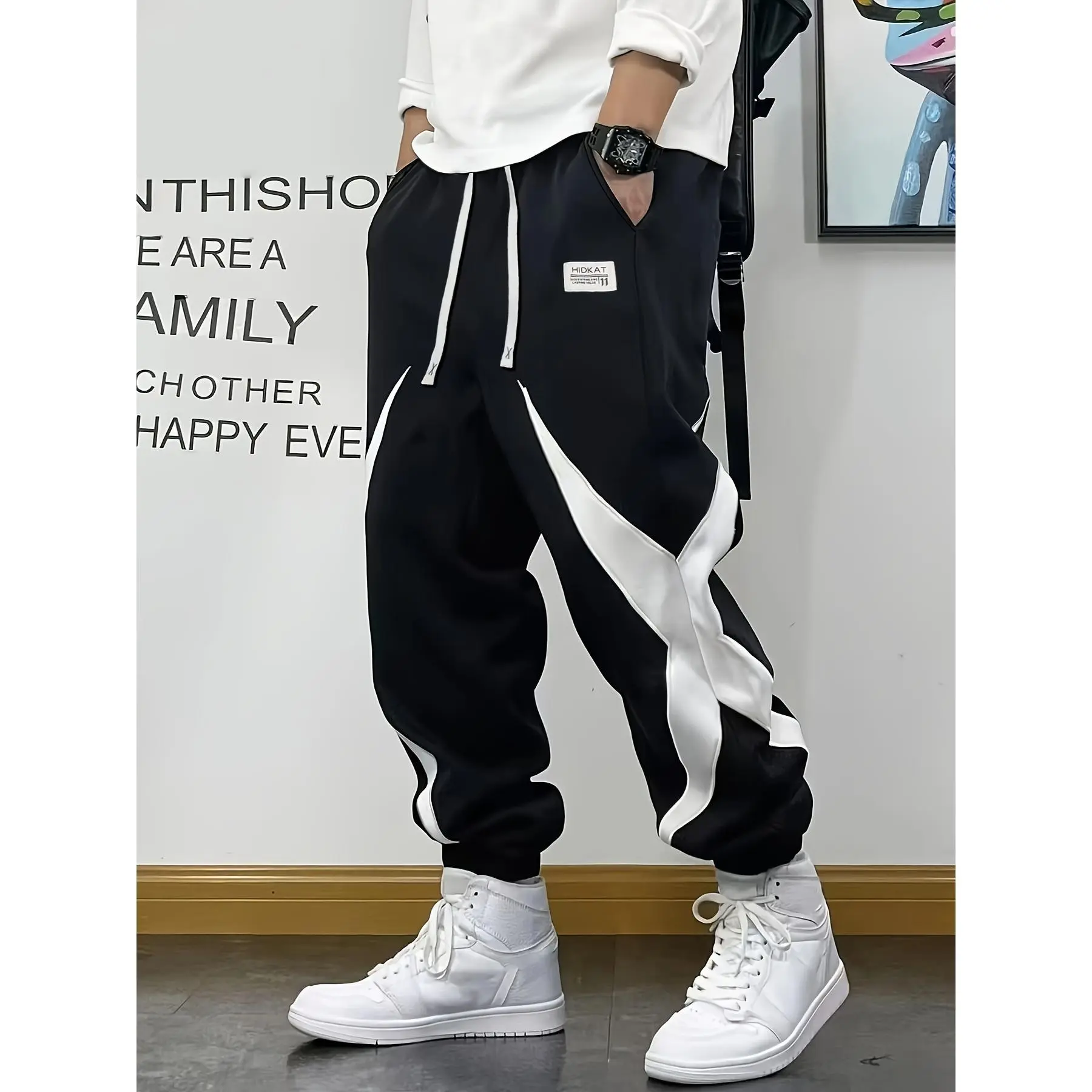 Men's color blocked patchwork ankle sweatpants Elastic waist drawstring trendy casual work pants Multi color loose oversized street style sports pants Spring and Autumn style side contrasting color ankle tied casual pants