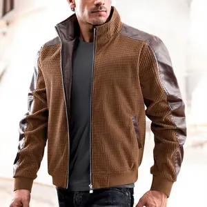 Men’s American vintage stand collar patchwork jacket made of waffle corduroy with color-block design, loose fit, versatile for everyday wear and commuting, workwear jacket