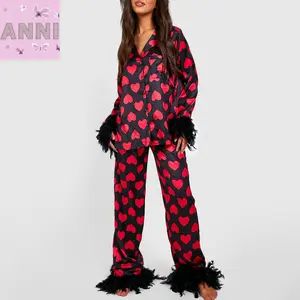 Women’s 2 Piece Pajama Set Feather Trim Long Sleeve Button Up Heart Shirt + Pants Set Sleepwear