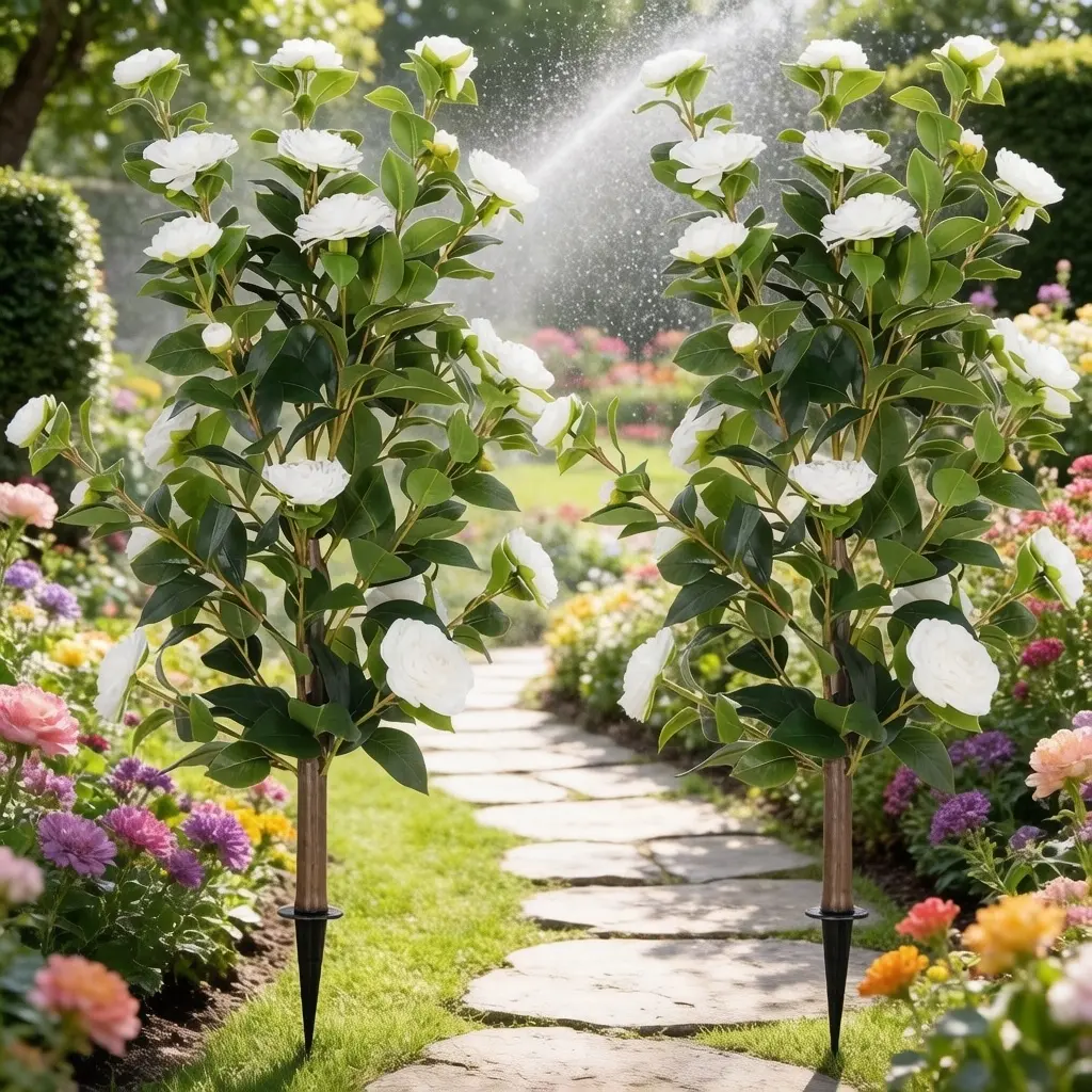 DLD 2 Pack 3FT Artificial Camellia Tree, Artificial Plants Outdoor Faux Plants in Pot, Artificial Flower for Outdoors Front Porch Decor, Fake Tree Plant Faux Flowers for Indoor Outdoor Home Decor, White