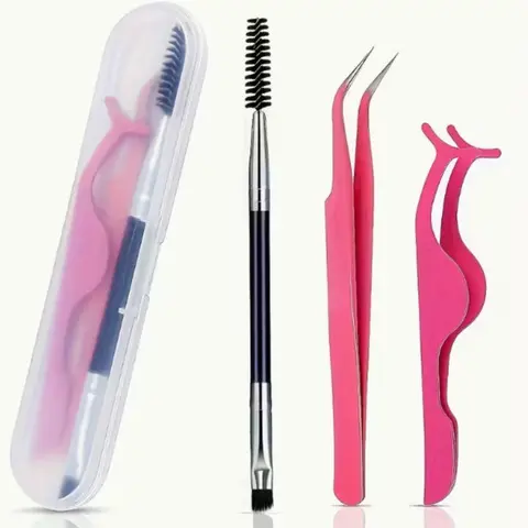 3 Pcs Eyelash Tweezers Set with Storage Box, Sharp Curved Tweezers, False Eyelash Clips, Lash Brush for Extension and Grooming, Eyelash Extension Kit, Diy Lash Tools, Eyelashes Tools